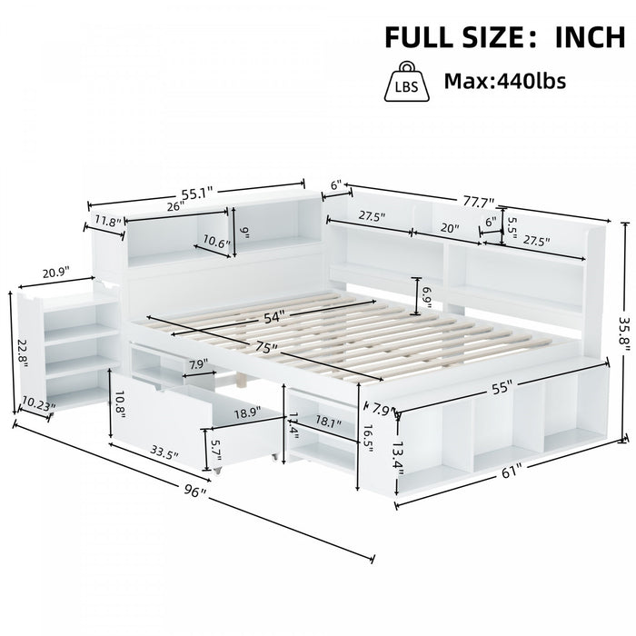Banquette-lit multifonction Ethan avec rangement integre, tiroirs et bibliotheque, taille full, blanc