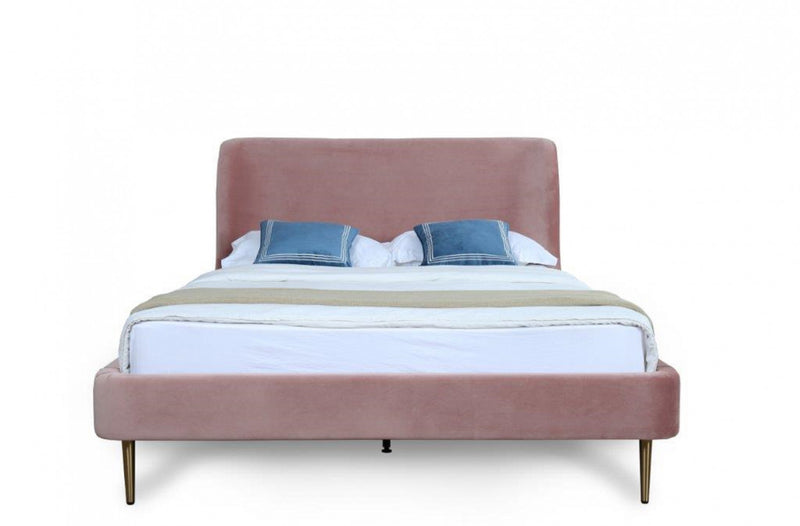 Lit Queen Heather style milieu du siecle moderne, rembourre en velours rose poudre et or