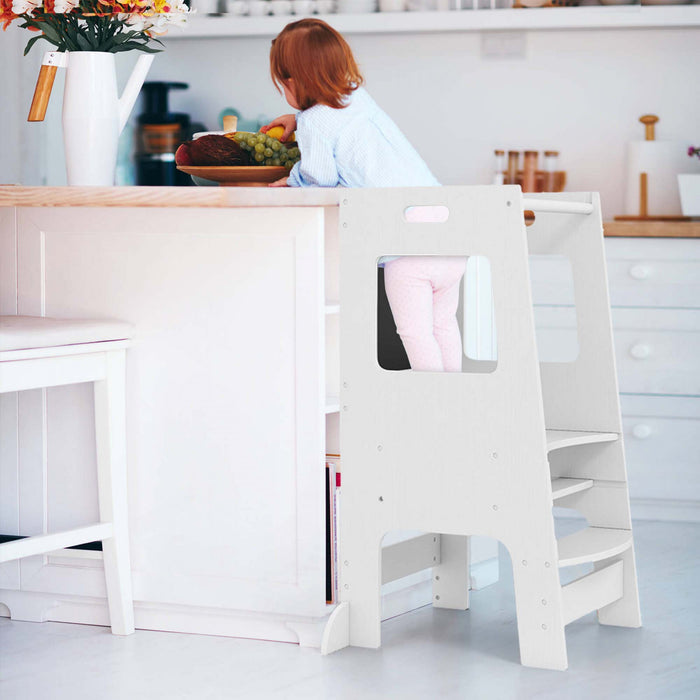 Tabouret D'etape De Cuisine Costway Pour Tout-petit Enfant Avec Tableau A Bois D'activite Reglable En Hauteur Et Rail De Securite Blanc