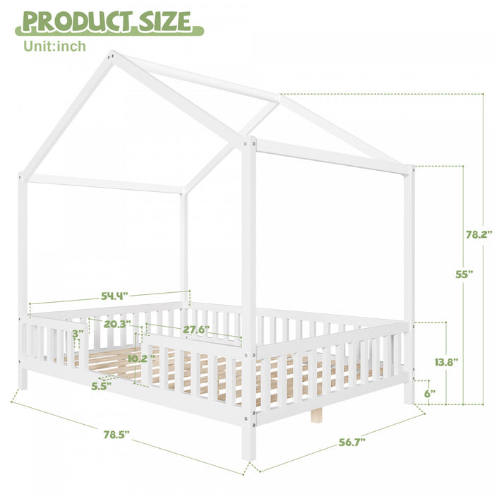 Paul Lit Montessori au sol avec baldaquin et barrieres hautes, Taille Double, Blanc