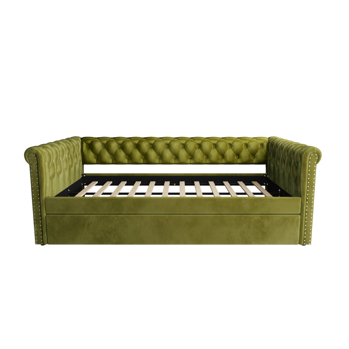 La Sophia Daybed avec design capitonne, revetement en tissu, lit d'appoint avec trundle et dossier confortable, couleur verte