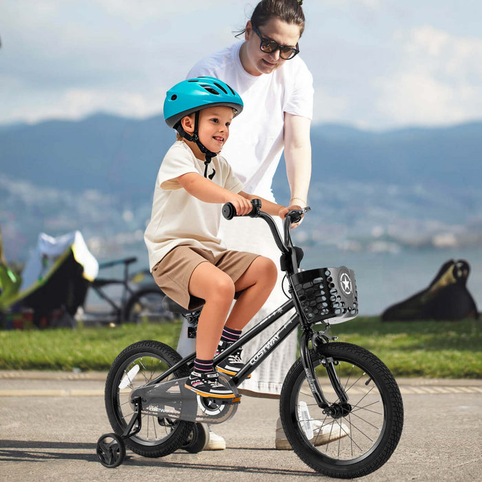 Costway 16\" Velo Pour Enfants Avec Roues D'entrainement Guidon Et Frein A Main Reglable Noir