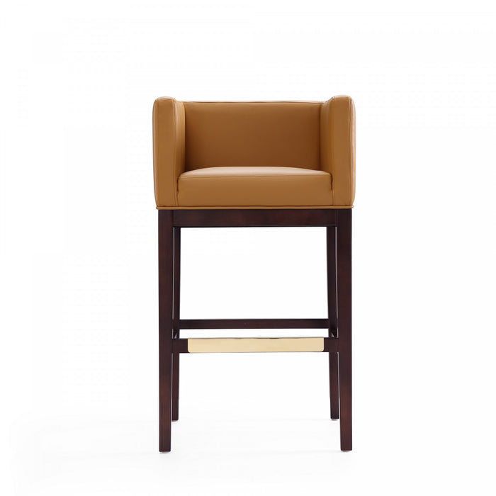 Tabouret de bar Kingsley style moderne du milieu du siecle en bois et tissu couleur camel - Lot de 3