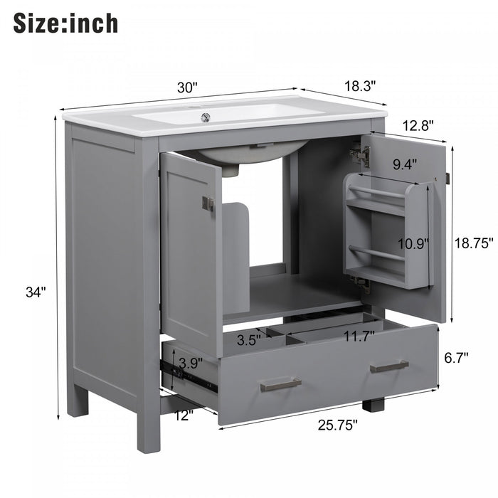 Harper Meuble de salle de bain 30 pouces avec vasque en ceramique et armoire de rangement intelligent, Gris