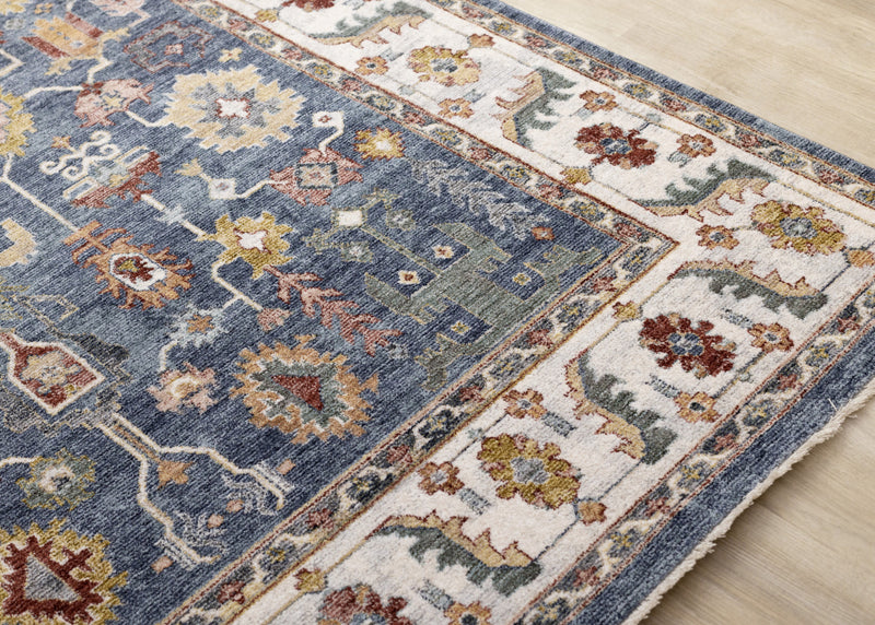 Tapis Olivia bleu a inspire tribal avec bordure, 7'10\" x 10'2\"