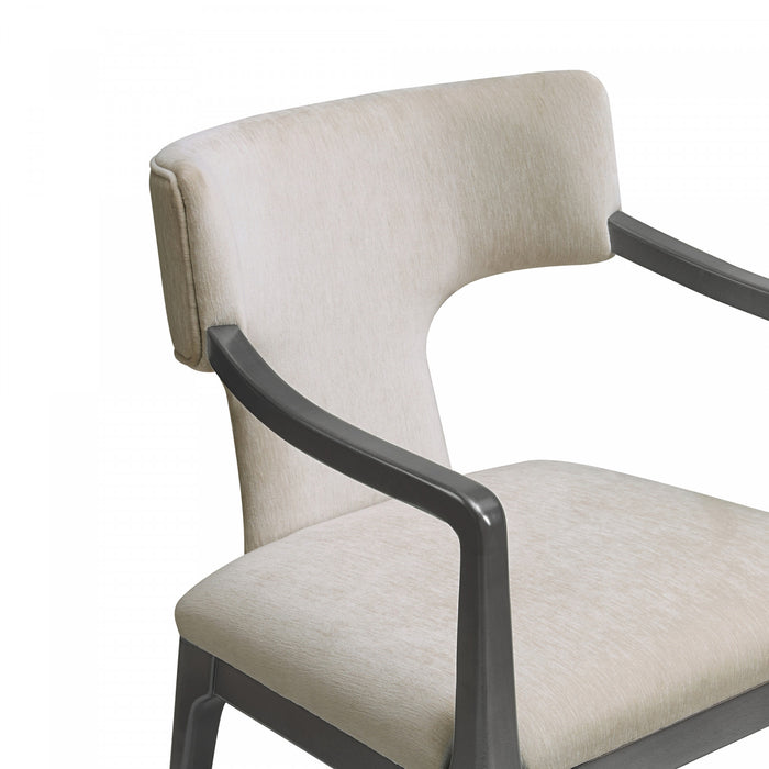 Fauteuil Eloria style moderne du milieu du siecle en bois et en chenille, coloris taupe