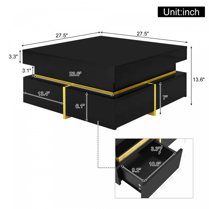 Ava Table Basse a Fini Haute Brillance avec Tiroirs de Rangement et Accents Dores, Noir