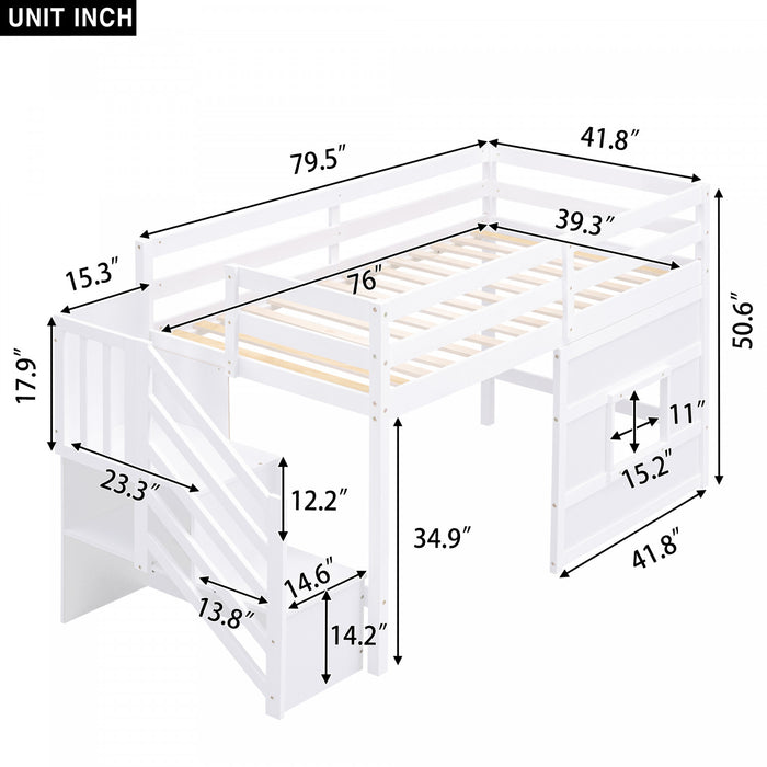 Martin – Lit Mezzanine Simple En Bois Massif Avec Escaliers De Rangement, Fenetre Ludique Et Eclairage Del – Blanc