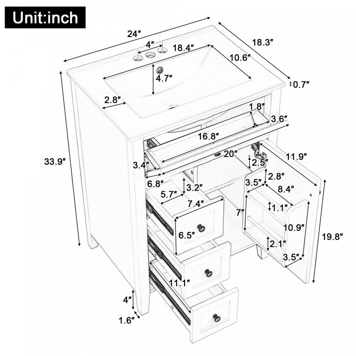 Scott Meuble-lavabo de 24\" avec vasque en ceramique et pieds en bois caoutchouc, Blanc