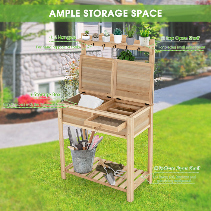Station De Travail En Bois De Table En Bois De Jardin En Plein Air Costway W/metal Top Open Shelf