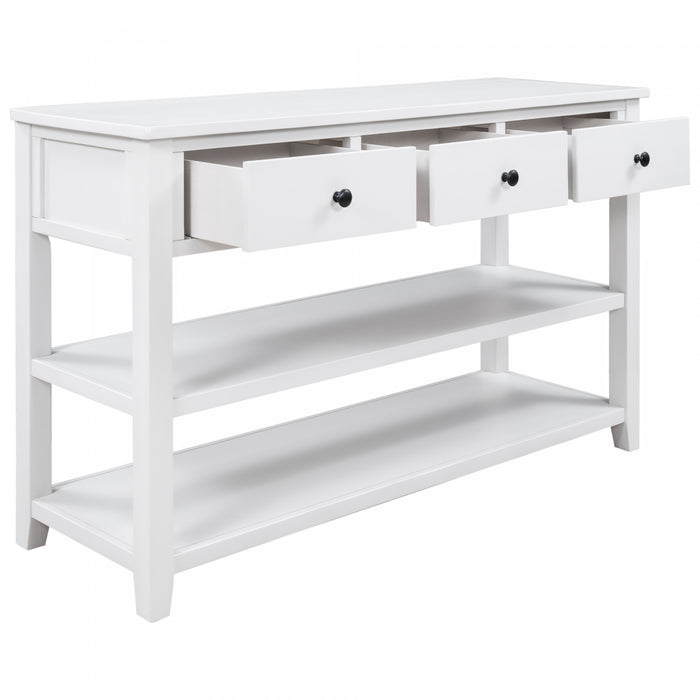Console Wendy En Bois Massif Avec 3 Tiroirs Et 2 Etageres Ouvertes, Blanc Antique