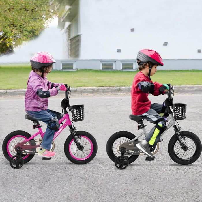 Costway 12\" Velo Pour Enfants Avec Roues D'entrainement Guidon Reglable Et Frein A Main De Siege Argent