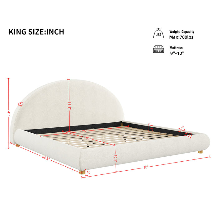 Lit plateforme Harold avec tete de lit incurvee ronde en tapisserie bouclee et cadre bas, taille King, blanc