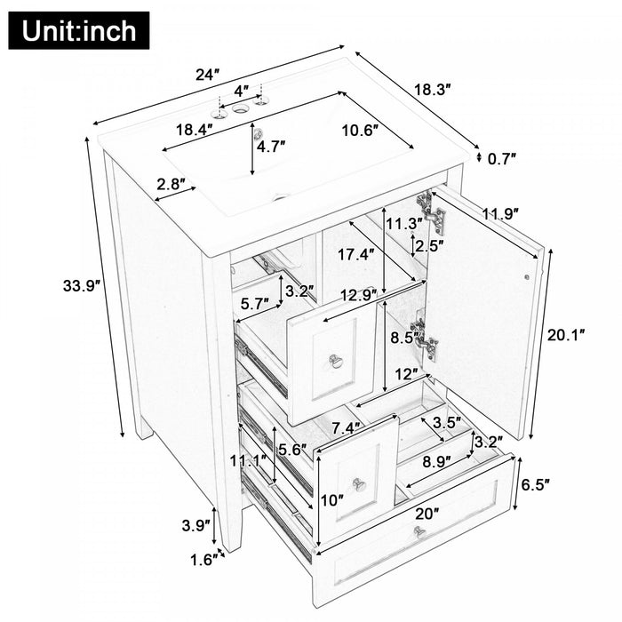 Mia Meuble-lavabo de 24\" avec vasque en ceramique et rangement a plusieurs tiroirs, Bleu Gris