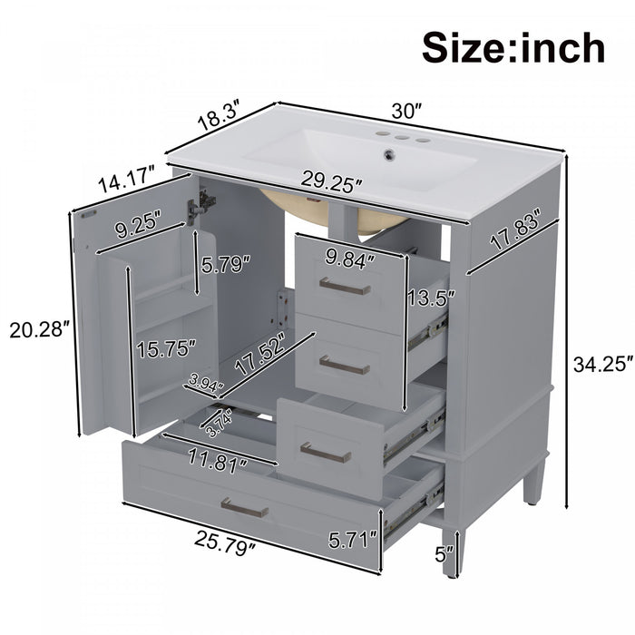 Oliver Meuble-lavabo de salle de bain en bois massif avec lavabo integre et rangement intelligent, gris