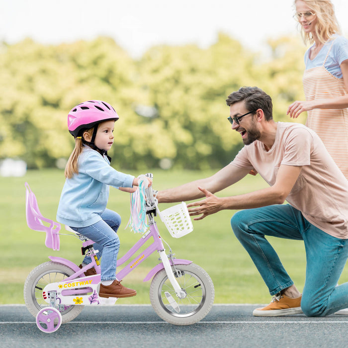 Costway 12 Pouces Enfants Velo Avec Roues D'entrainement Poupee Siege Panier Streamers Frein A Main Violet