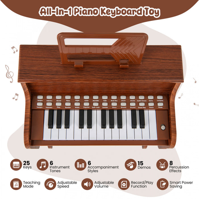 Costway Piano Numerique 25 Touches avec Pupitre, Tabouret, Touches Retroeclairees et Mode Enseignement pour Enfants des 3 Ans - Marron