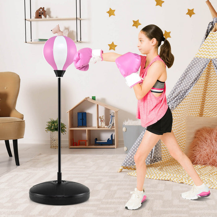 Costway Enfants Sac De Poinconnage Jeu De Jouet Reglable Stand Gants De Boxe Vitesse Boule Avec Pompe Rose