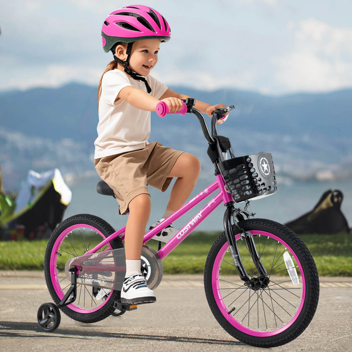 Costway 18\" Velo Pour Enfants Avec Roues D'entrainement Guidon Reglable Et Frein A Main De Siege Rose