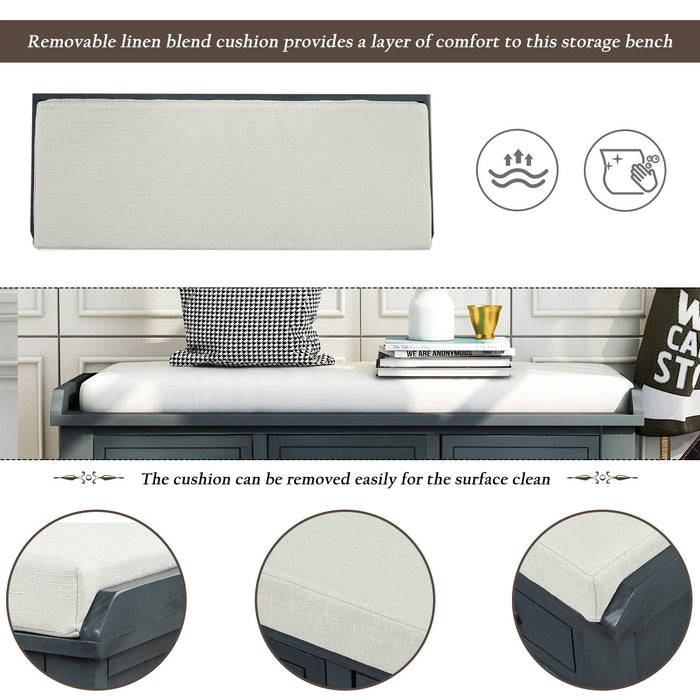 Banc De Rangement Harvey En Bois Massif Avec Tiroirs Et Paniers En Rotin, Bleu Marine Antique