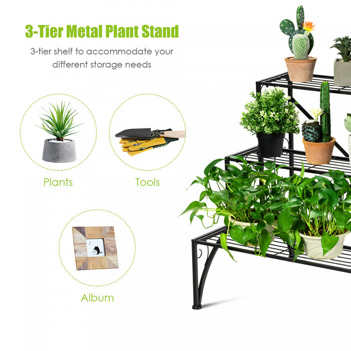 Support Pour Plantes En Metal 3 Niveaux, Support Pour Pots De Fleurs Avec 3 Etageres Ouvertes, Pieds Antiderapants Et Structure Metallique Robuste, Support Decoratif Pour Plantes Pour Jardin, Balcon, Terrasse, Montage Facile