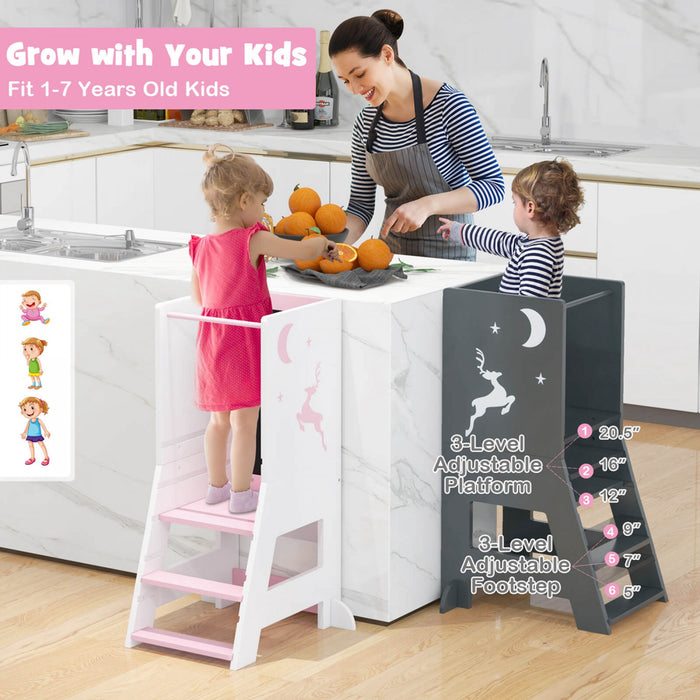Costway Tout-petit Enfant Tabouret De Cuisine Aidant Bebe Tour Debout Avec Tableau Et Tableau Blanc Rose