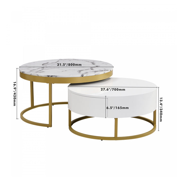 Table Basse Gigogne Moderne Herman De 31,5\" Avec Tiroirs De Rangement, Blanche