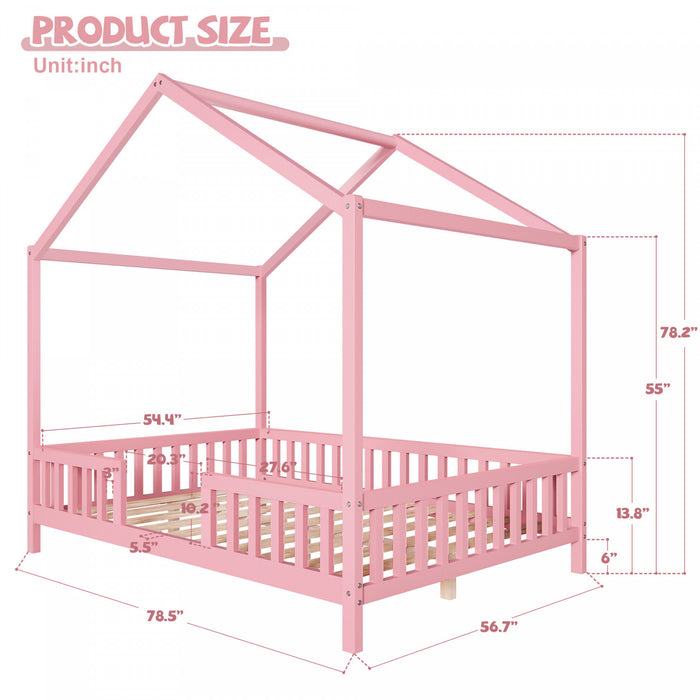 Paul Lit Montessori au sol avec baldaquin et barrieres hautes, Taille Double, Rose