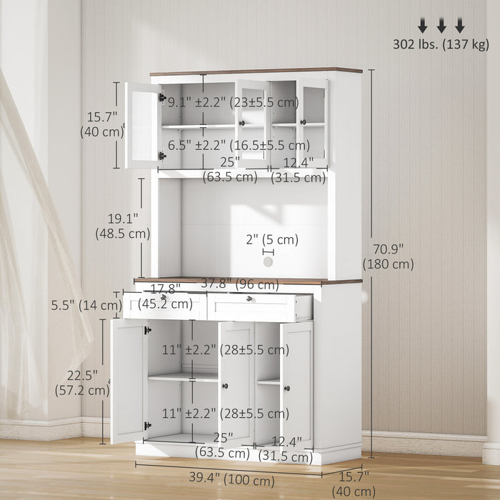HOMCOM 71\" Armoire de Cuisine w/ Espace Micro-ondes Buffet w/ Hutch Blanc