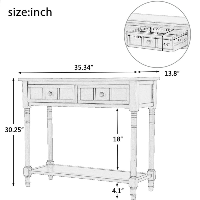 Table Console Traditionnelle Jeremy En Bois Massif Avec Tiroirs Et Etagere - Ivoire Blanc