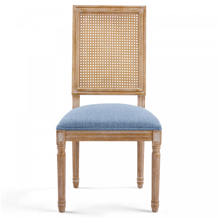 Oliver lot de 2 chaises de salle a manger en bois massif (hevea) avec assise rembourree, dossier en cannage et pieds canneles, bleu