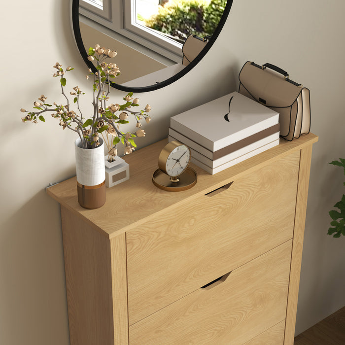 HOMCOM Meuble a chaussures etroit avec 3 tiroirs basculants et etageres ajustables, bois naturel