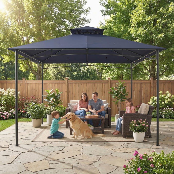 Outsunny Gazebo 3 m x 3 m, Tonnelle de Jardin a Toit Souple a 2 Niveaux, Bleu Marine