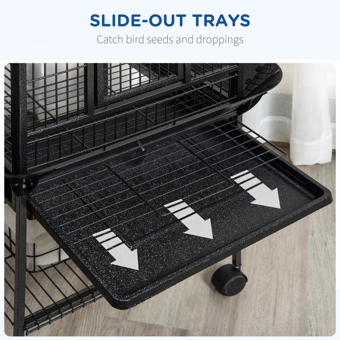 Pawhut Cage A Oiseaux De 61 Pouces Pour Pinsons, Perruches Avec Support, Plateau Coulissant, Dessus De Jeu, Etagere De Rangement, Perchoir En Bois, Recipient Alimentaire