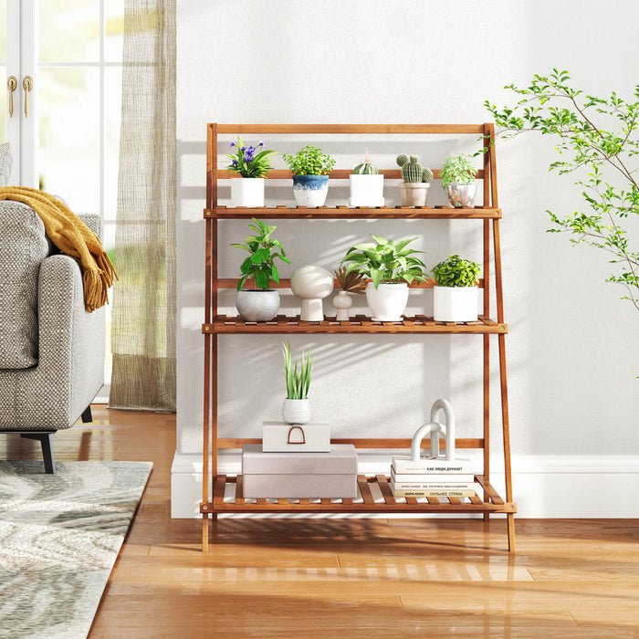 Costway Etagere Pliante A 3 Niveaux Presentoir Pour Pots De Fleurs En Bambou Range-livres / Organisateur