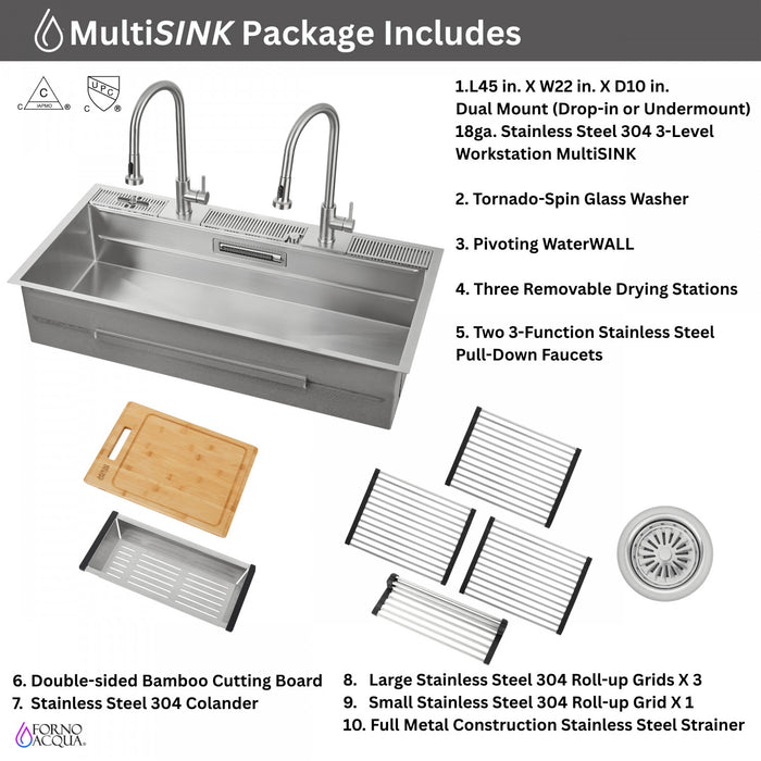 Evier poste de travail MultiSINK 45 po, double pose, 3 niveaux, robinets, rince-verre, inox - J-WP30