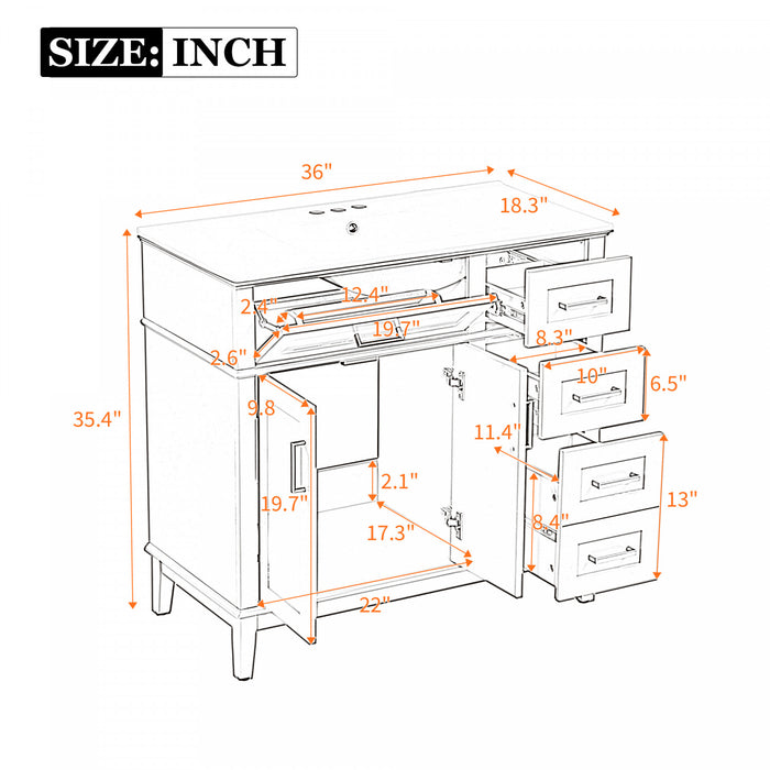 Meuble de salle de bain moderne Marshall 36 pouces avec lavabo ceramique et rangement, bleu