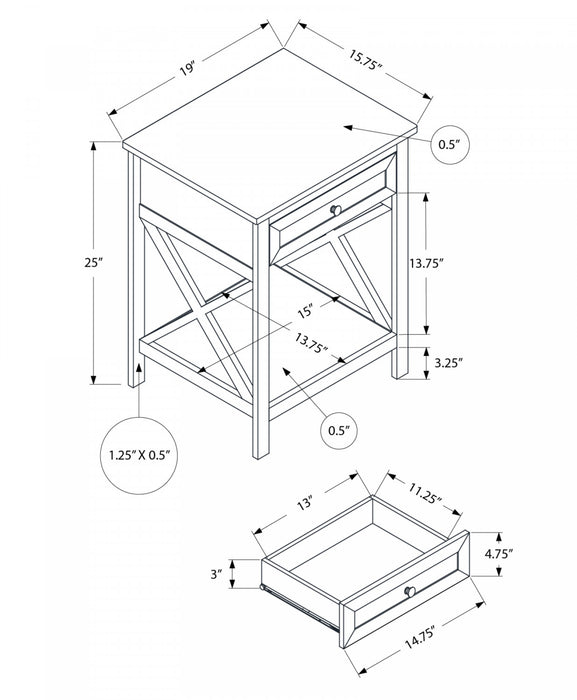 Table de bout, d’appoint et de nuit de style transitionnel à 2 niveaux, avec tiroir de rangement et placages gris antique pour la chambre à coucher