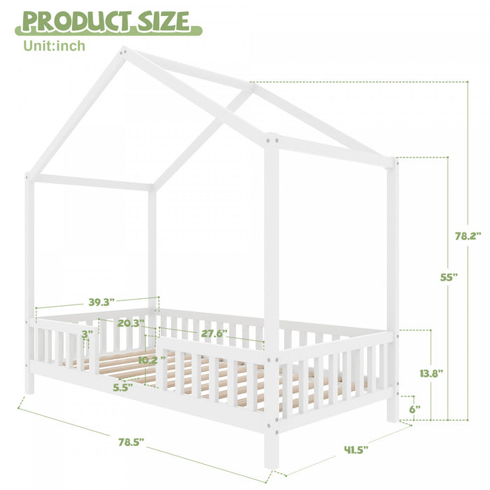 Paul Lit Montessori au sol avec baldaquin et barrieres hautes, Taille Simple, Blanc