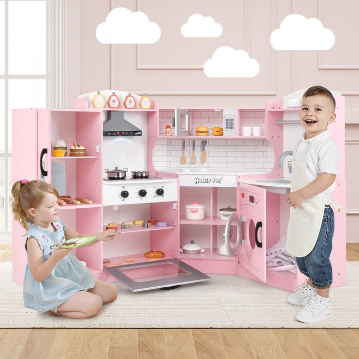 Honeyjou Corner Play Kitchen Baby Kitchen Playset Avec Capuchon De Gamme, Machine A Glace, Micro-ondes Rose