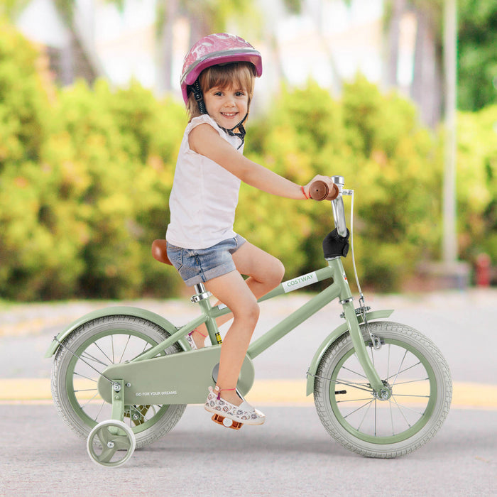 Costway 14\" Velo Pour Enfants Avec Guidon Reglable De Selle Roues D'entrainement Amovibles Frein A Main Vert