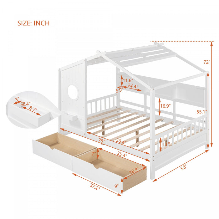 Lit Maison Jeames en Bois avec 2 Tiroirs de Rangement et Etagere, Taille Full - Blanc