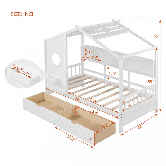 Lit Maison Jeames en Bois avec 2 Tiroirs de Rangement et Etagere, Taille Twin - Blanc