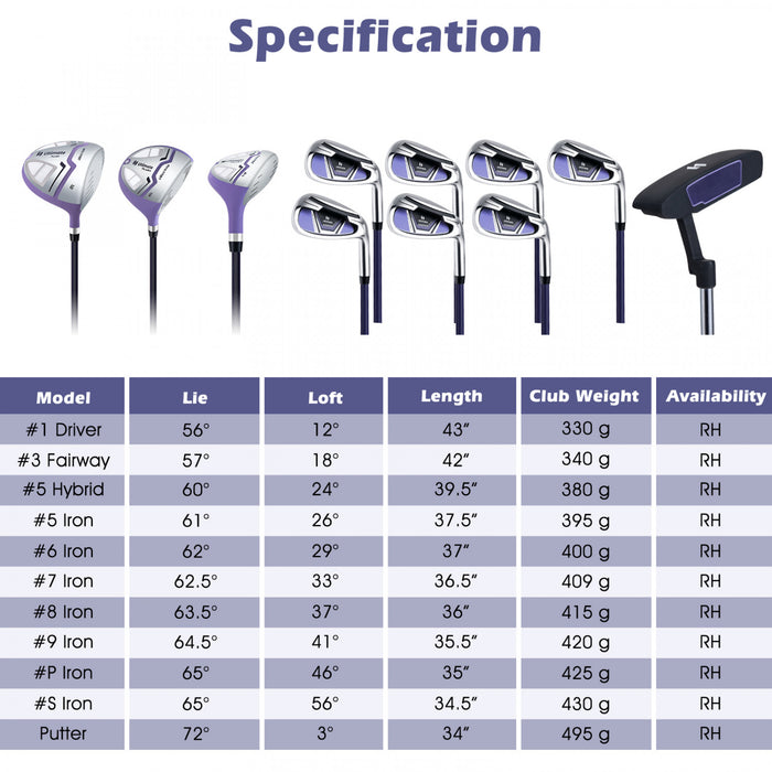 Ultimate Femmes Complete Golf Club Set Golf Club Package Set W / Capuchon De Pluie, Main Droite Violet