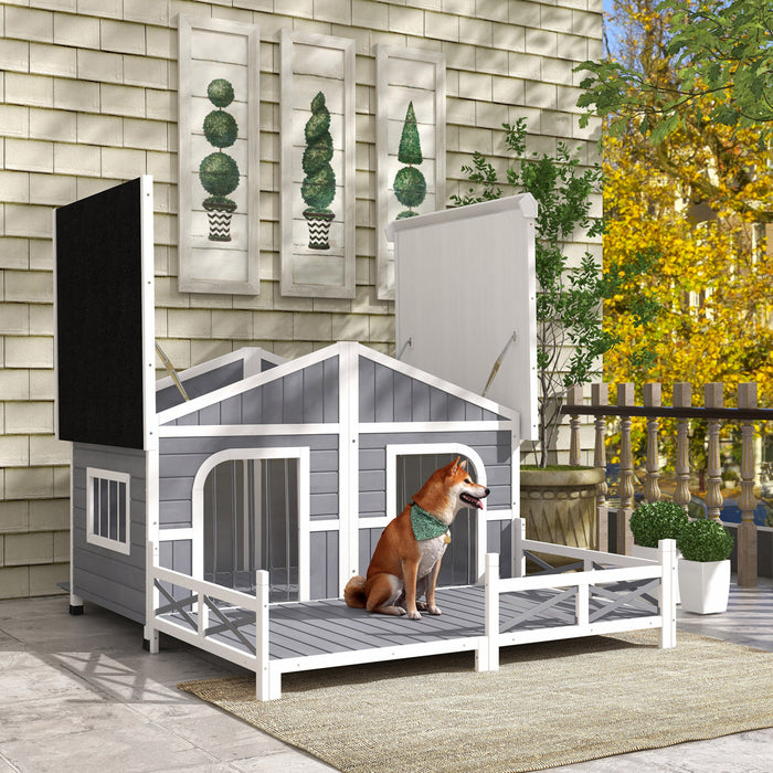 Pawhut 59\" X 64\" X 39\" Bois Grande Niche Pour Chien Style Cabine Elevee Abri Pour Animaux De Compagnie Avec Terrasse De Porche Gris