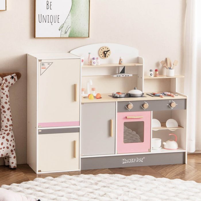 Ensemble De Cuisine De Chef Pour Enfants, Cuisine De Jeu D'imitation Avec Hotte, Refrigerateur, Robinet Et Evier, Barbecue, Four, Ensemble De Cuisine En Bois Moderne Pour Les Tout-petits De 3 Ans Et Plus