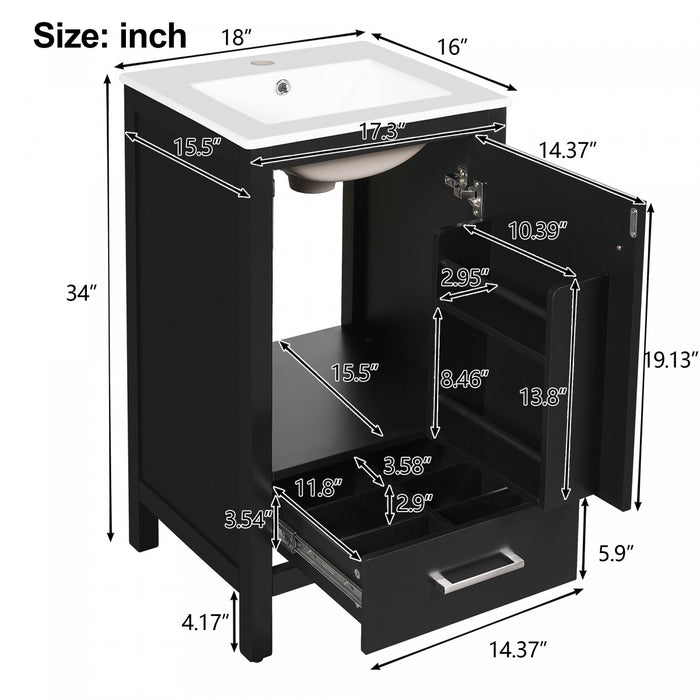 Meuble de salle de bain compact moderne Wayne 18 pouces avec lavabo ceramique, noir