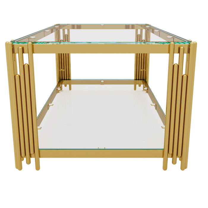 Aria Table Basse Rectangulaire Moderne 47.5 po avec Cadre Asymetrique Dore et Plateau Verre, Transparent