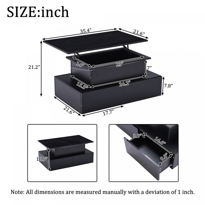 Ethan table basse relevable – table avec eclairage LED et tiroirs de rangement, noir