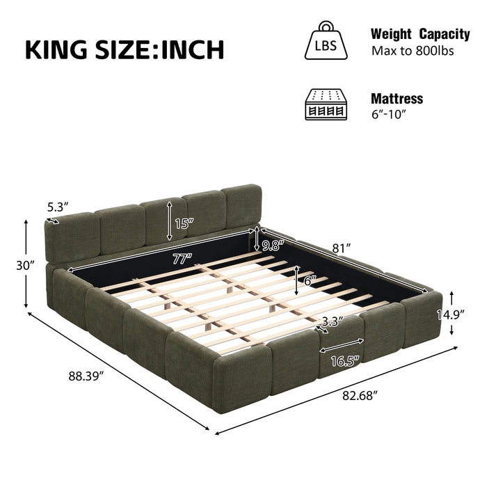 Lit plateforme Toby en tissu lin avec tete et pied de lit epaissis, taille king, vert